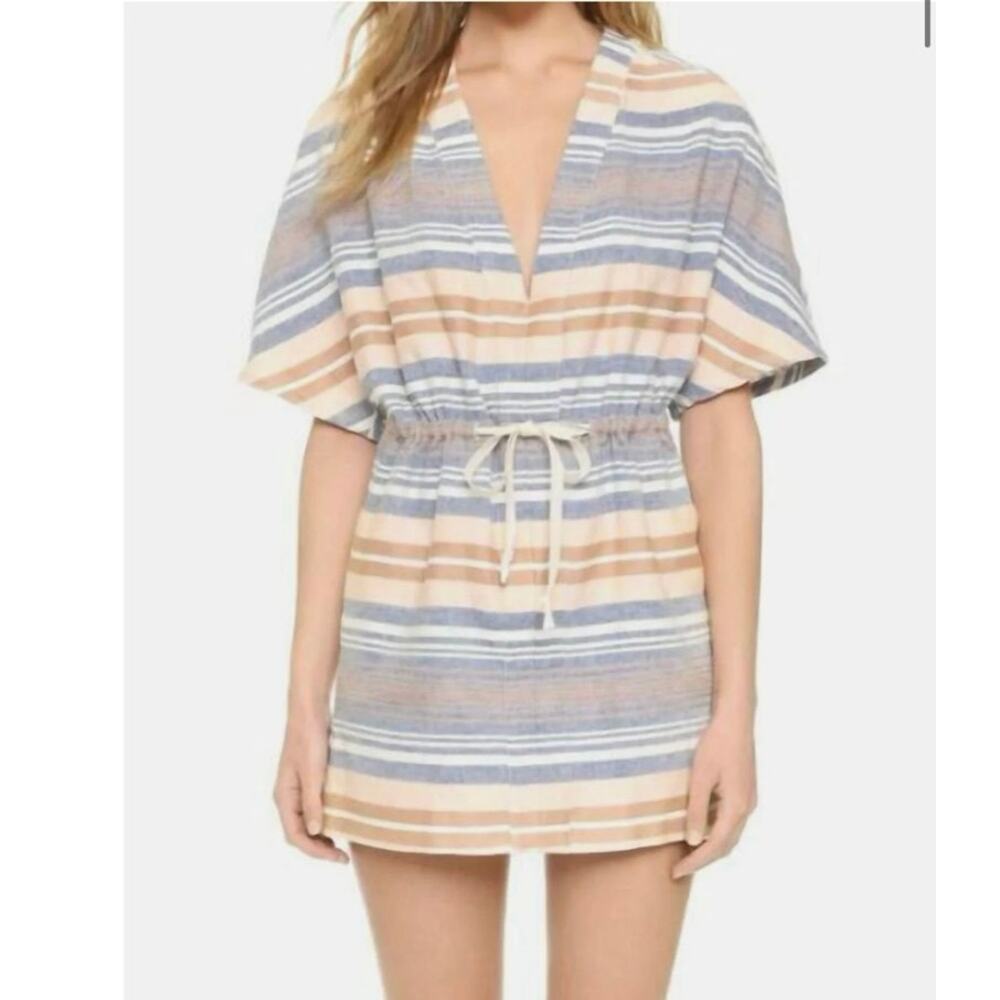 Solid & Striped Blueβ Tan Striped Cotton V-Neck Drawstring Tunic Cover-Up S